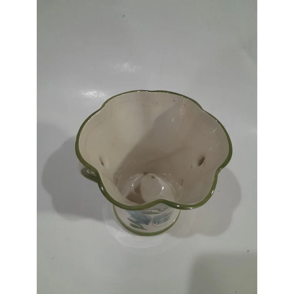 FTD Handpainted Porcelain Vase 6 “tall Portugal 2 Handles Green Trim Flowers